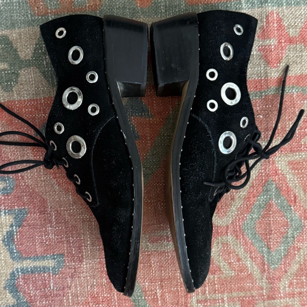 Black Suede Lace-Up Oxfords with Silver Eyelet Detail